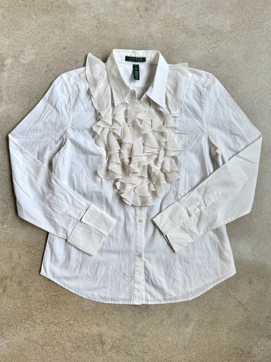 Lauren Ralph Lauren White Silk Ruffle French Cuff Cotton Shirt | Large