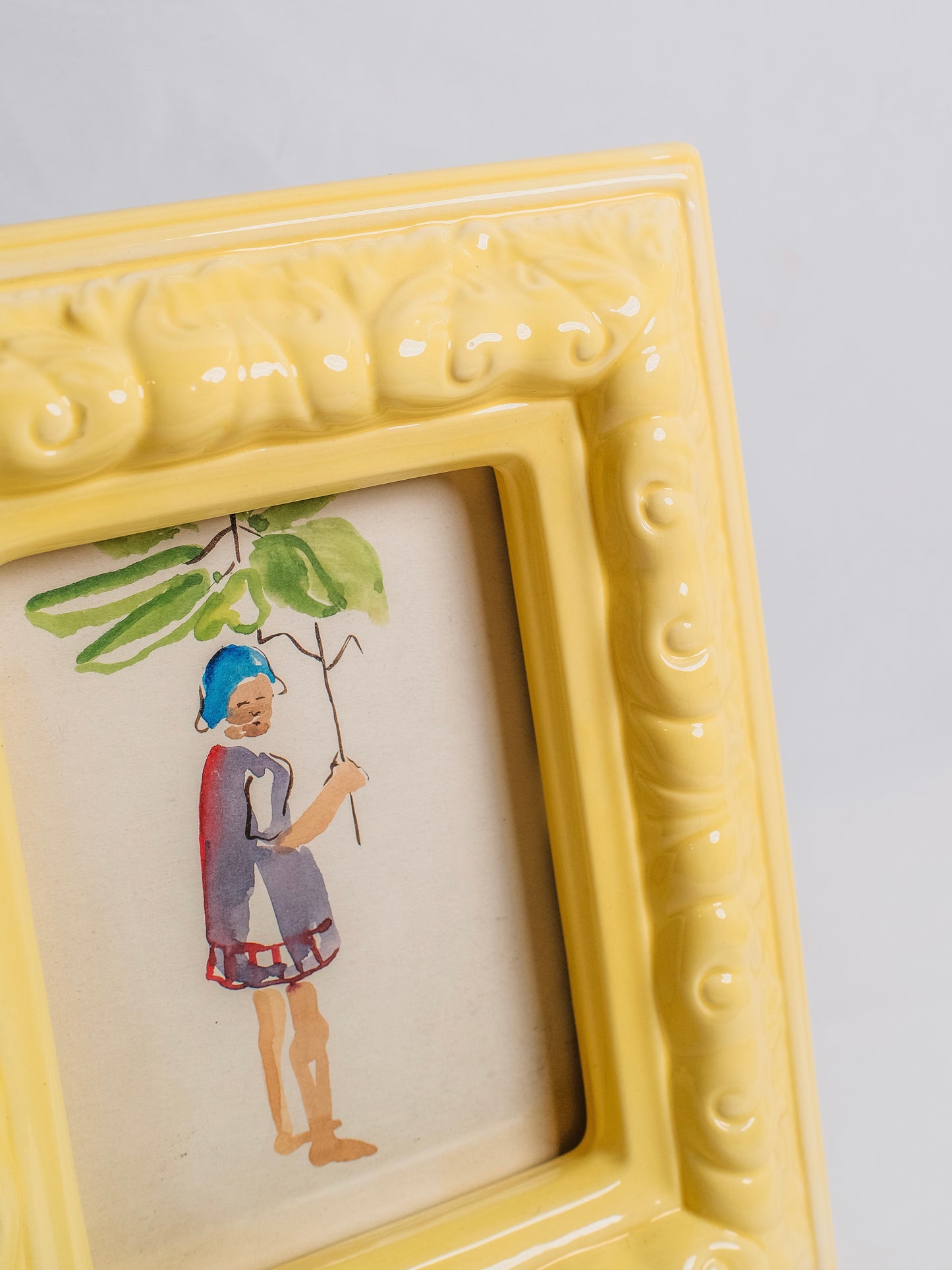 Vintage 1950s Ceramic Framed "Man Holding Branch" Original Watercolor Artwork