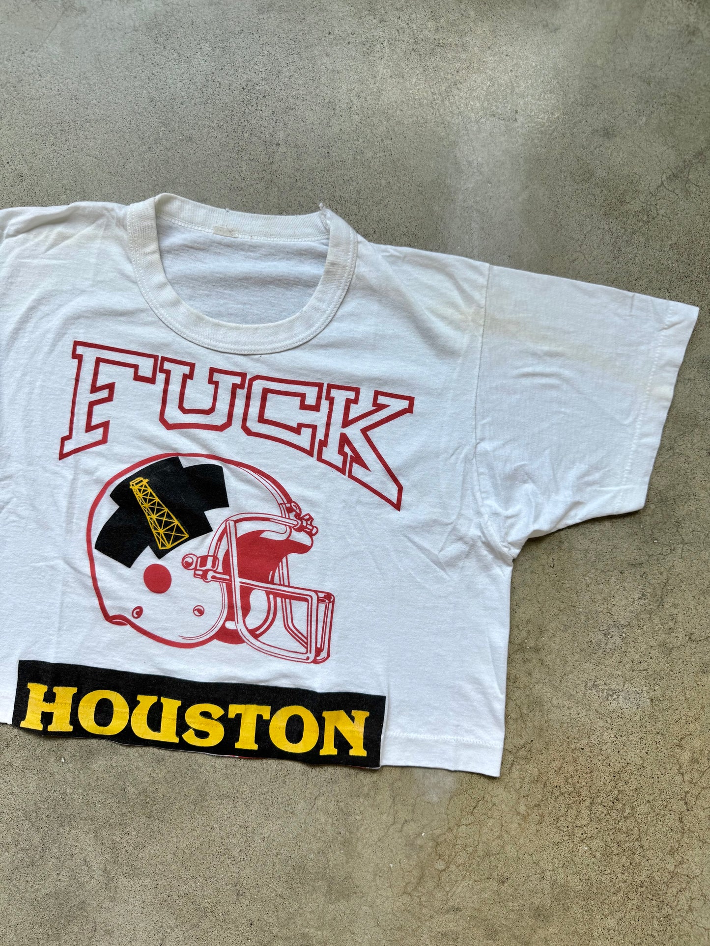Vintage 1980s White Cropped “F*** Houston” Football Graphic Tee | Large