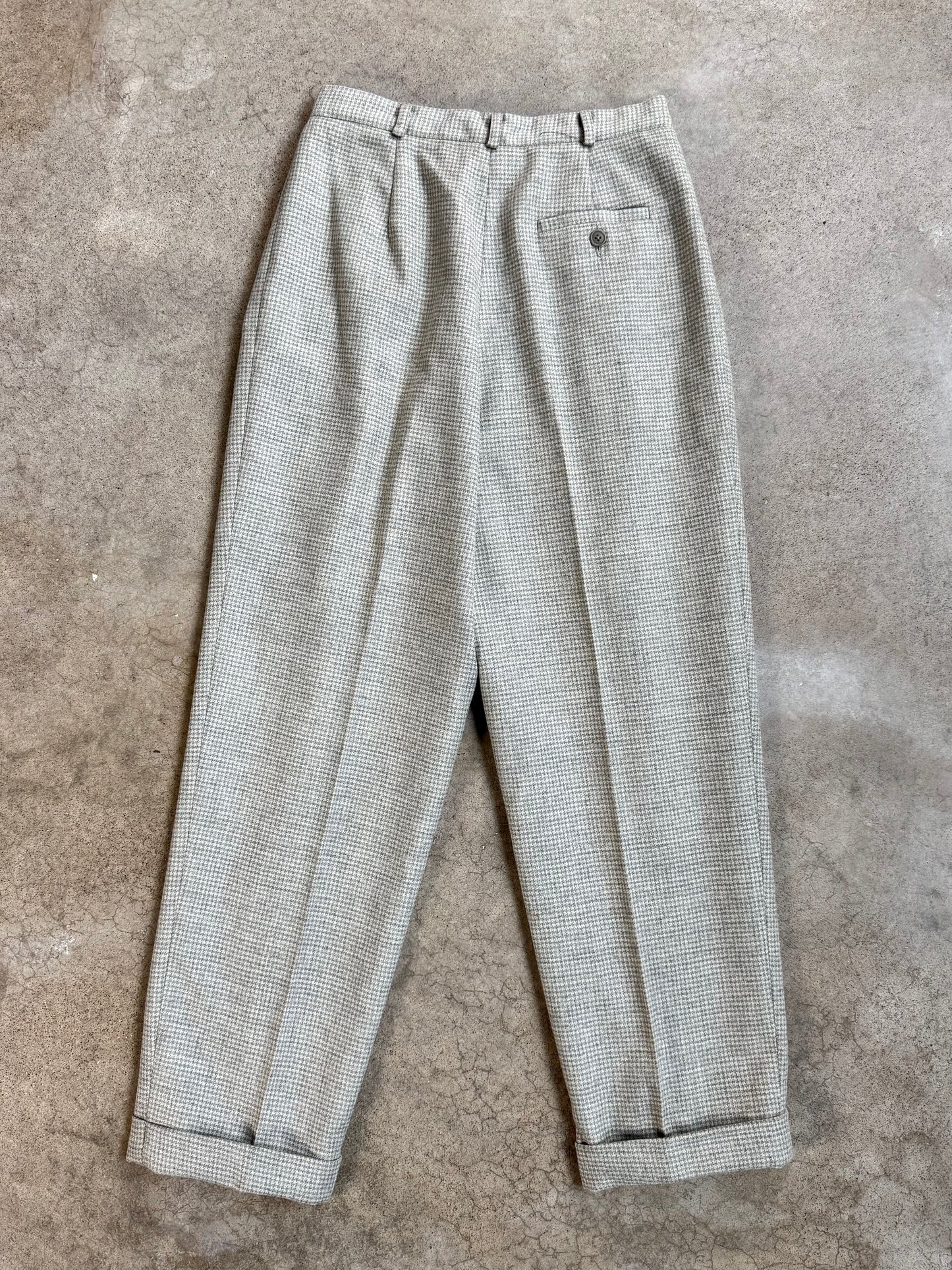Vintage 1990s Lauren Ralph Lauren Grey Houndstooth Wool Pleated Trousers | Waist 27”