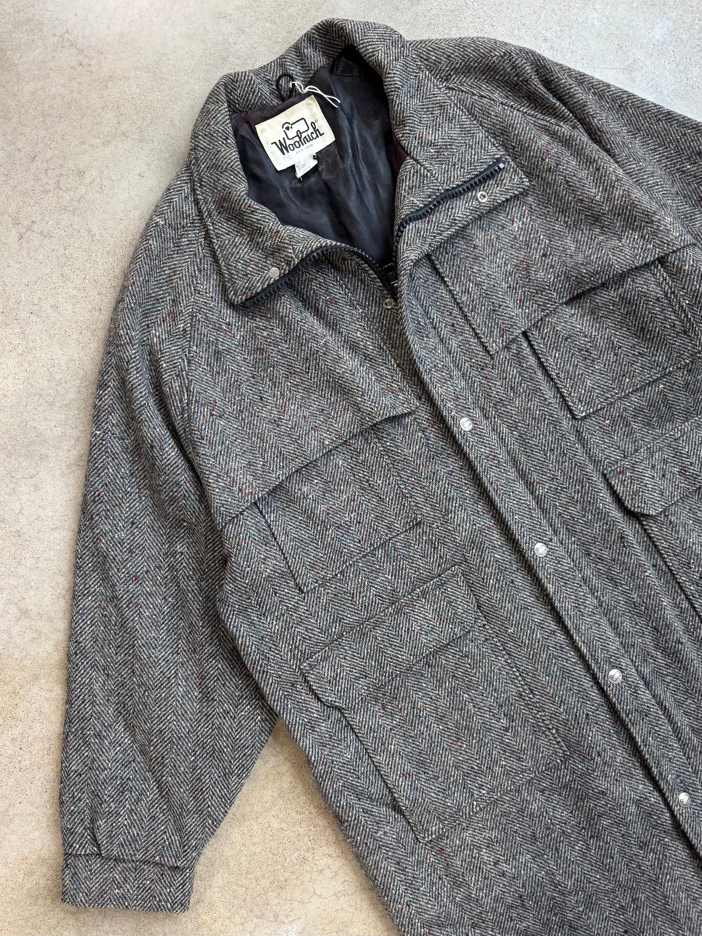 Vintage 1980s Woolrich Grey Speckled Tweed Mackinaw Jacket | XL