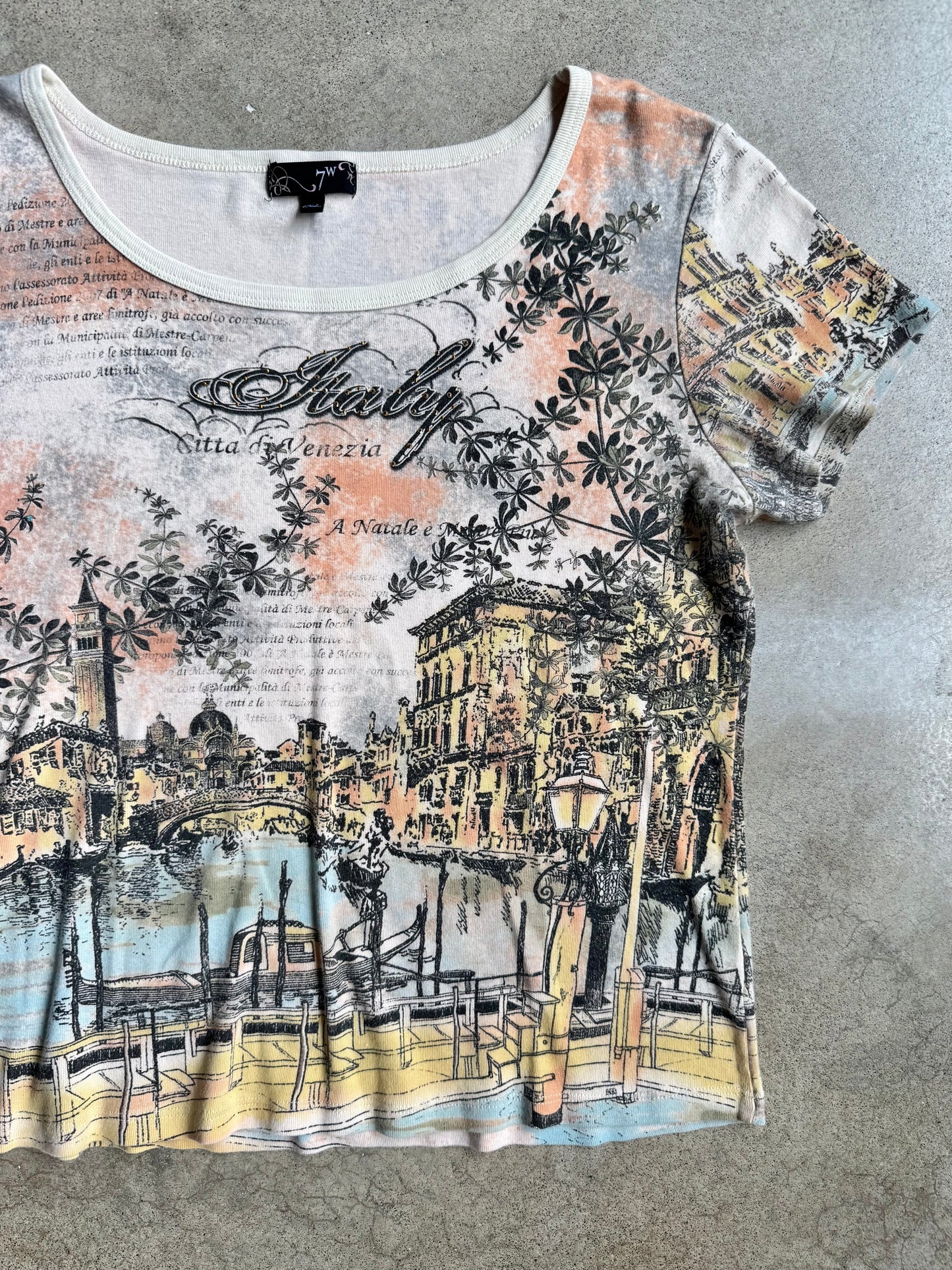2000s Venice Italian Postcard Print Short Sleeve Tee | XL