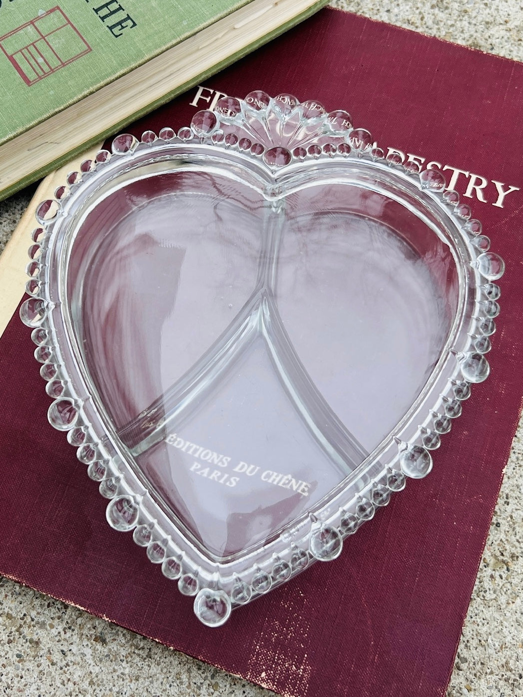 Vintage 1980s Glass Heart Three Compartment Trinket Box