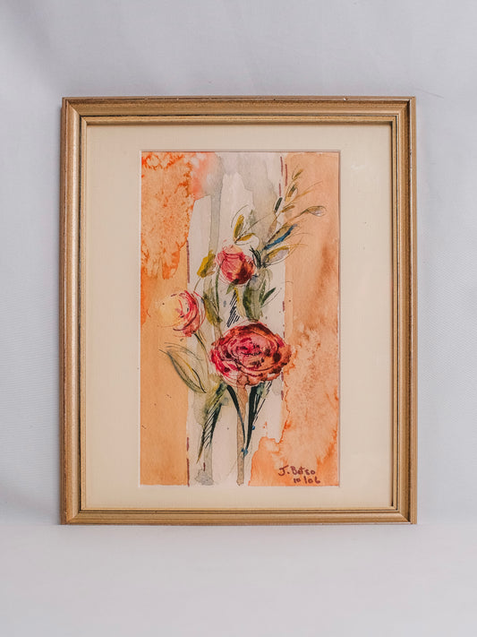 Vintage 1980s Framed & Signed Floral Watercolor Artwork