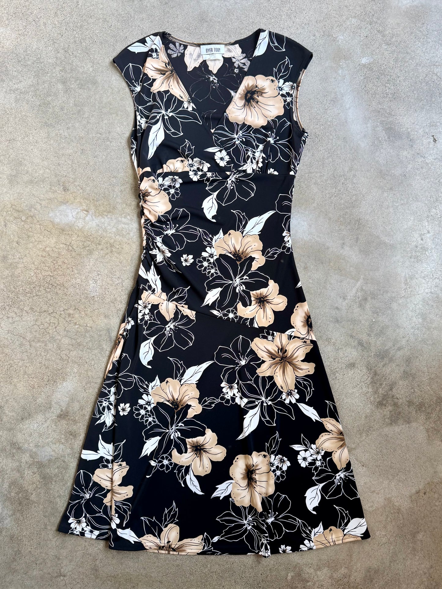 Vintage 1990s Byer Too! Black & Tan Floral Print Sleeveless Midi Dress | Large