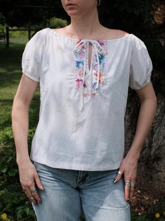 Vintage Floral & Bird Embroidered White Cotton Peasant Blouse | Large