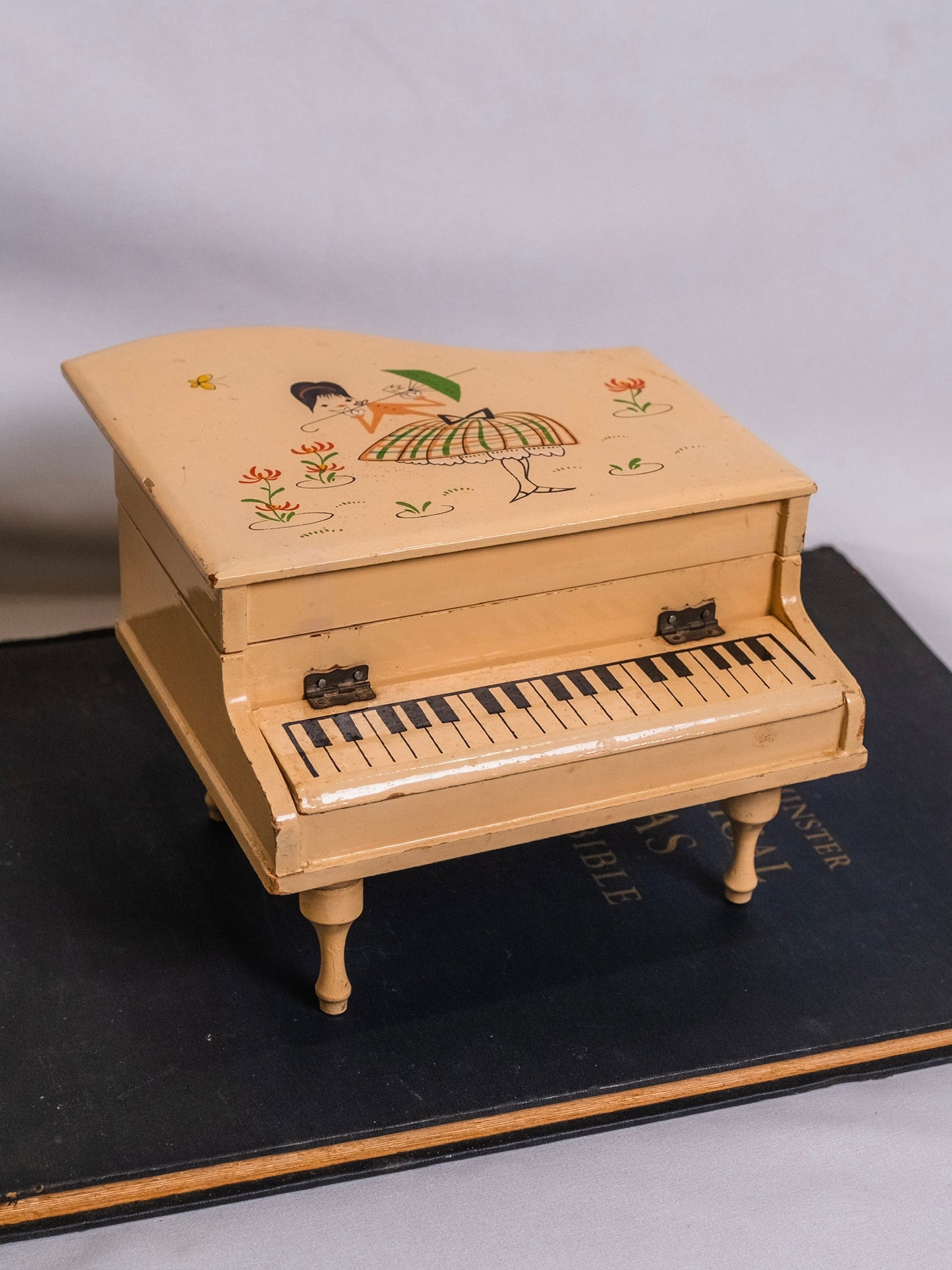 Vintage 1950s MCM Wooden Painted Piano Musical Jewelry Box