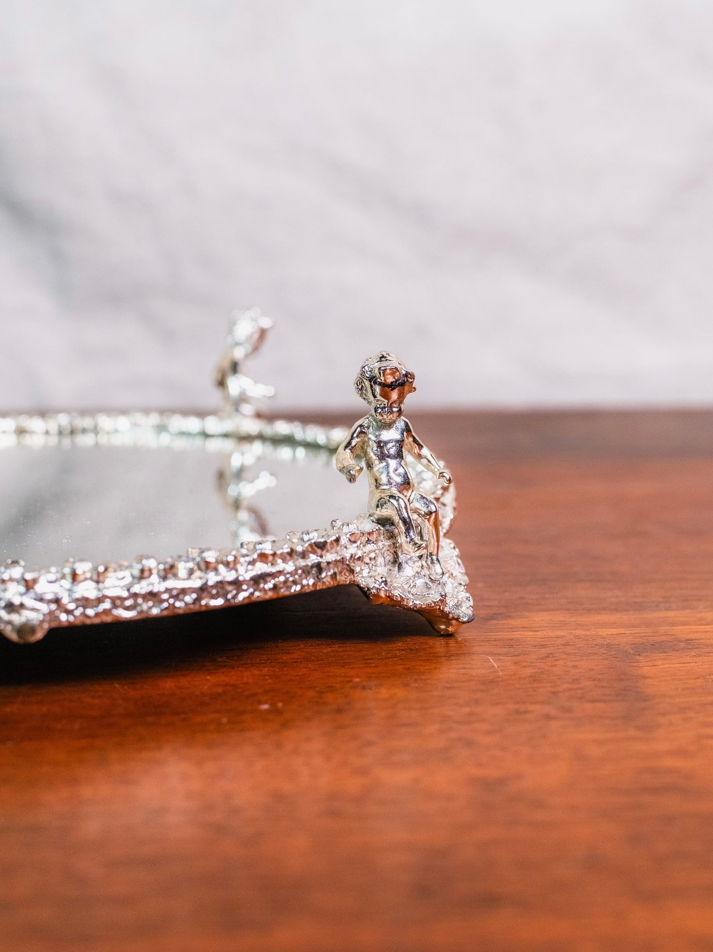 Vintage 1950s Silver Cherub Mirrored Vanity Tray