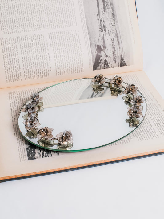 Vintage 1970s Oval Metal Rose Mirrored Vanity Tray