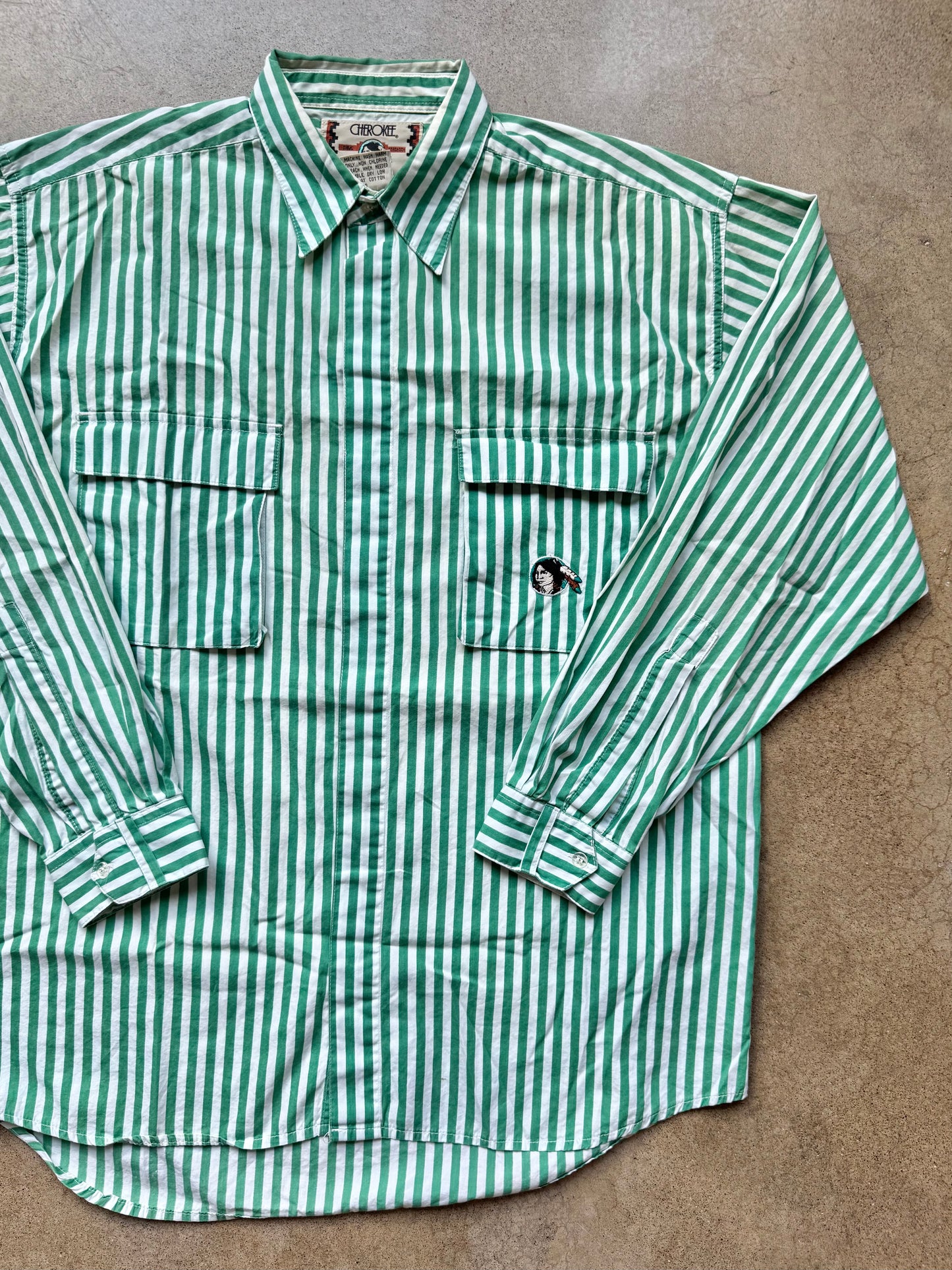 Vintage 1980s Cherokee Green & White Striped Utility Shirt | Medium