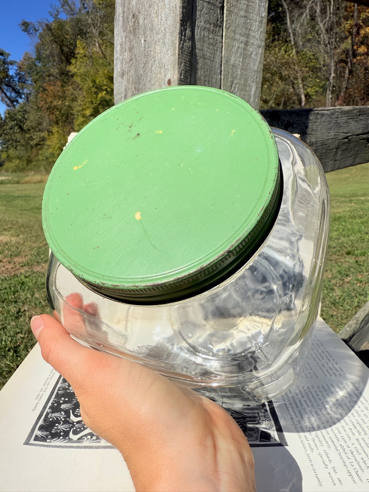 Vintage 1950s Anchor Hocking Green Lidded Glass Hoosier Jar