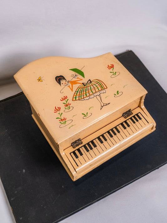 Vintage 1950s MCM Wooden Painted Piano Musical Jewelry Box