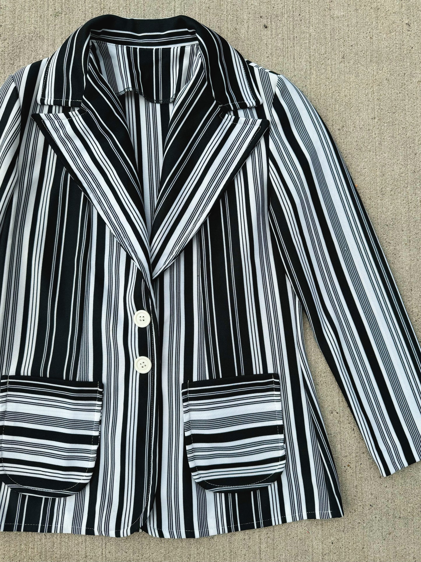 Vintage 1970s Black & White Striped Polyester Blazer