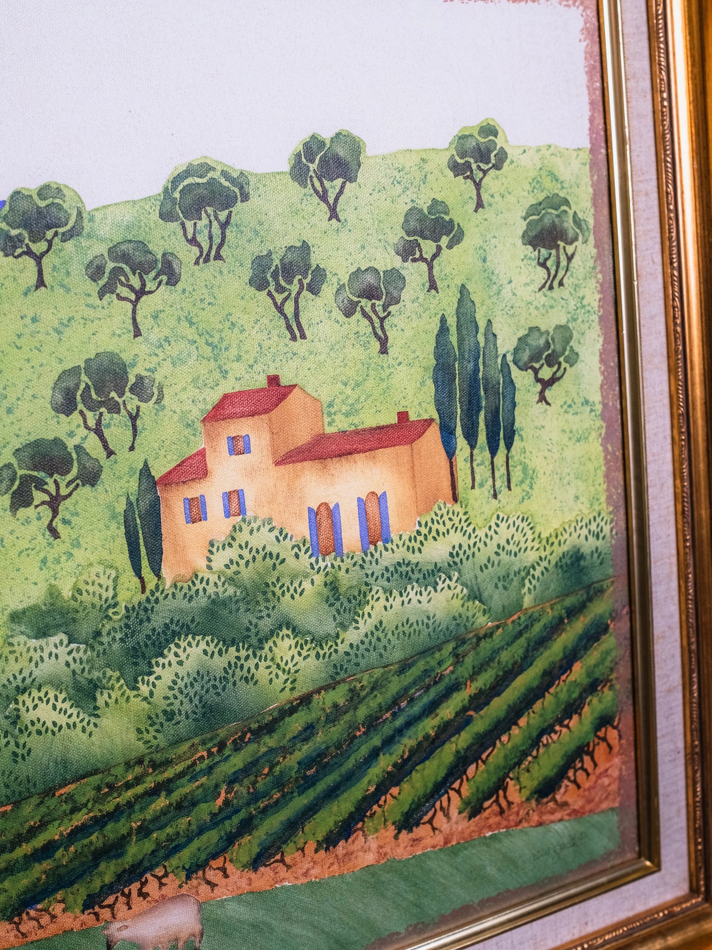 Framed & Signed Tuscan Hill Landscape Watercolor On Canvas