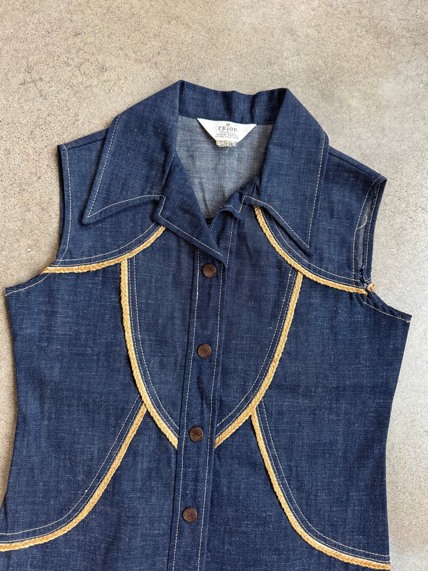 Vintage 1970s Prior Western Braided Trim Denim Vest Top | XS/S