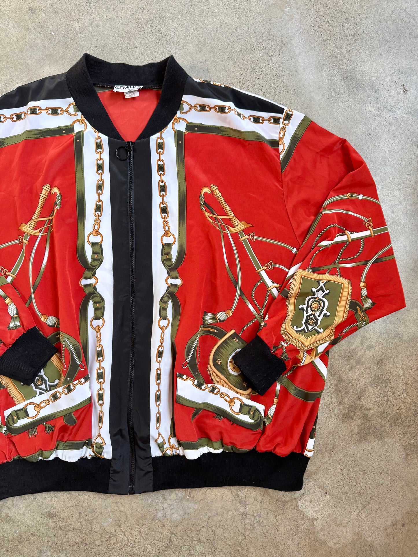 Vintage 1980s Gemini II Baroque Gold Chain Zip-Up Bomber Jacket | 3XL