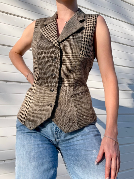 Vintage 1990s Gantos Neutral Woven Patchwork Wool-Blend Vest | Small