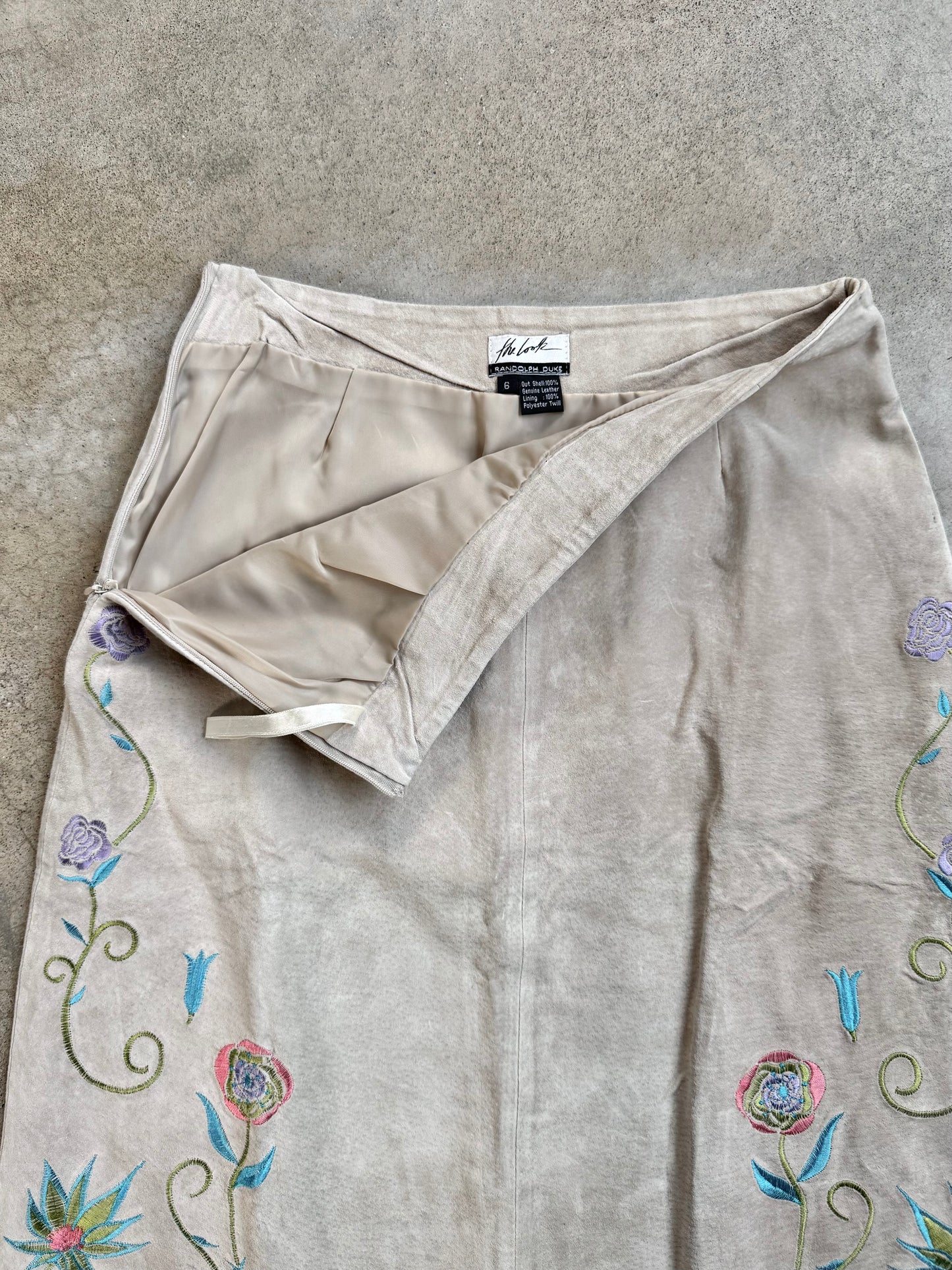 Vintage 1990s Randolph Duke Floral Embroidered Suede Leather Skirt | Waist 27”