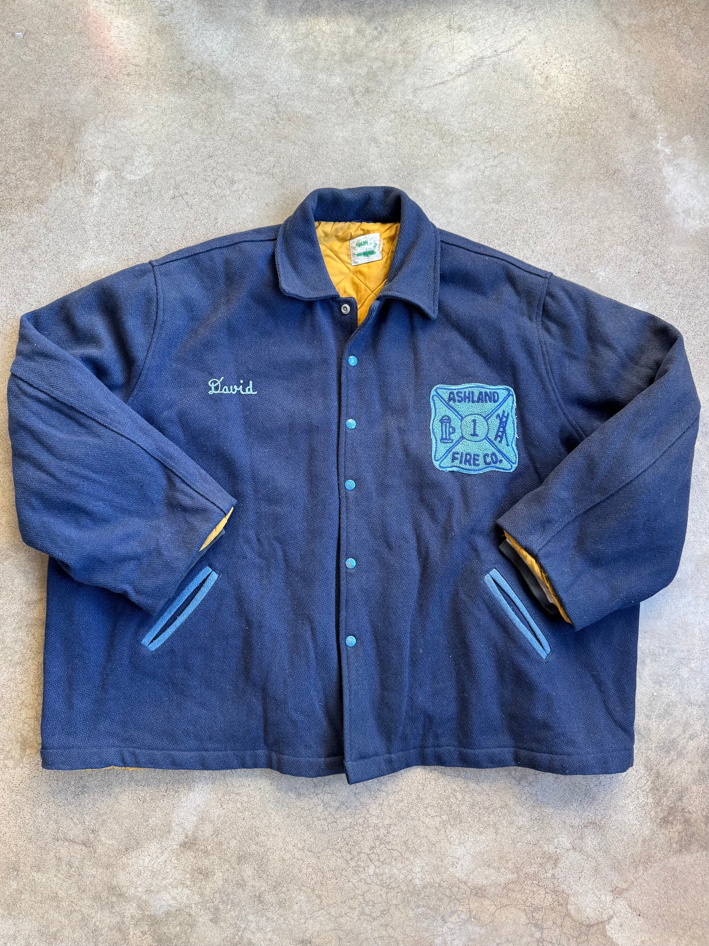 Vintage 1950s Blue Wool Ashland Fire Co. "David" Chainstitch Jacket | 4XL