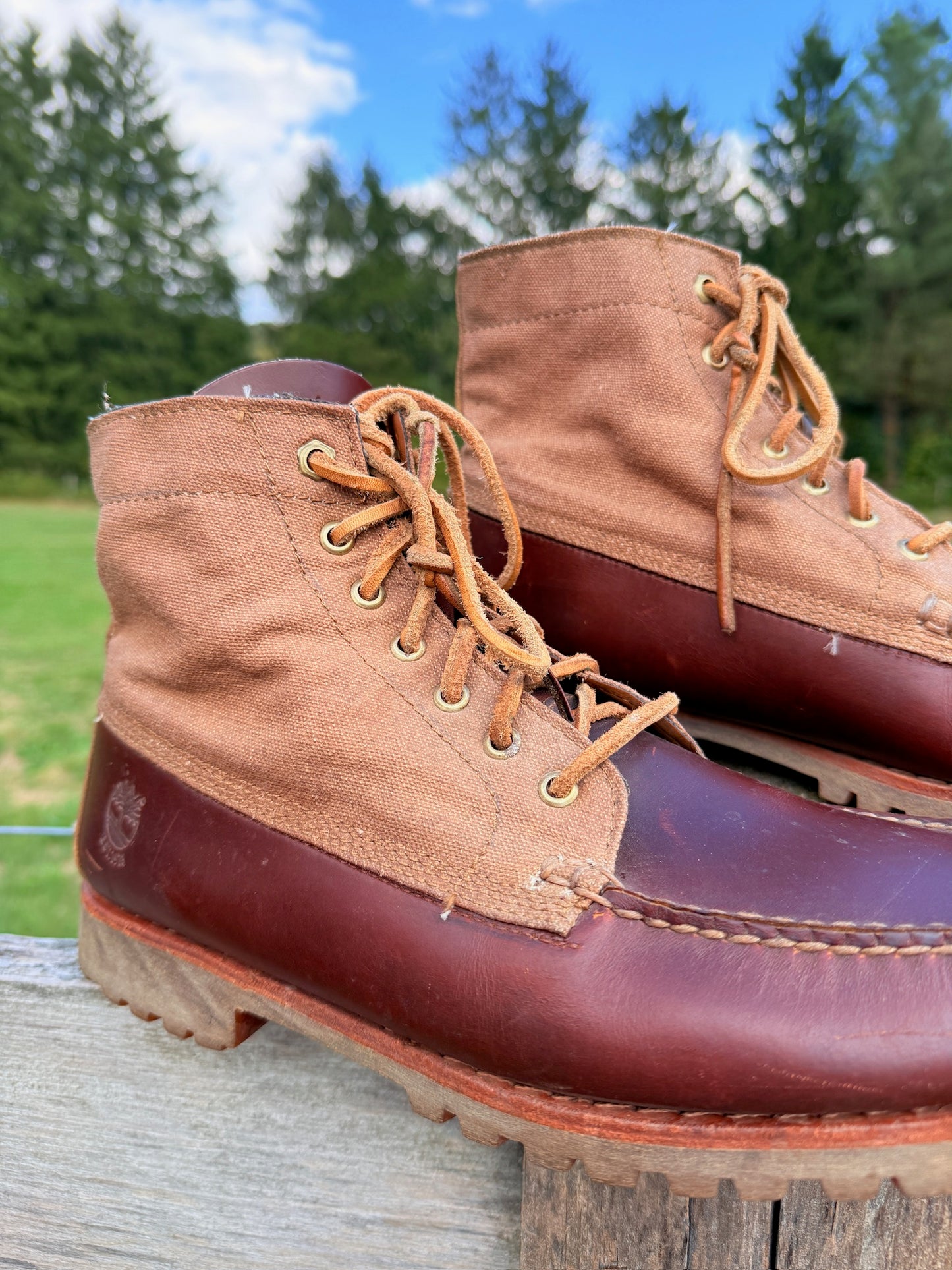 Vintage 1990s Timberland Two-Tone Brown Leather & Canvas Boots | Men’s 11.5