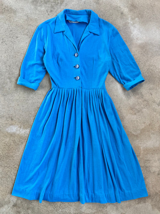 Vintage 1950s Blue Button-Front Pleated Shirtwaist Dress | Small