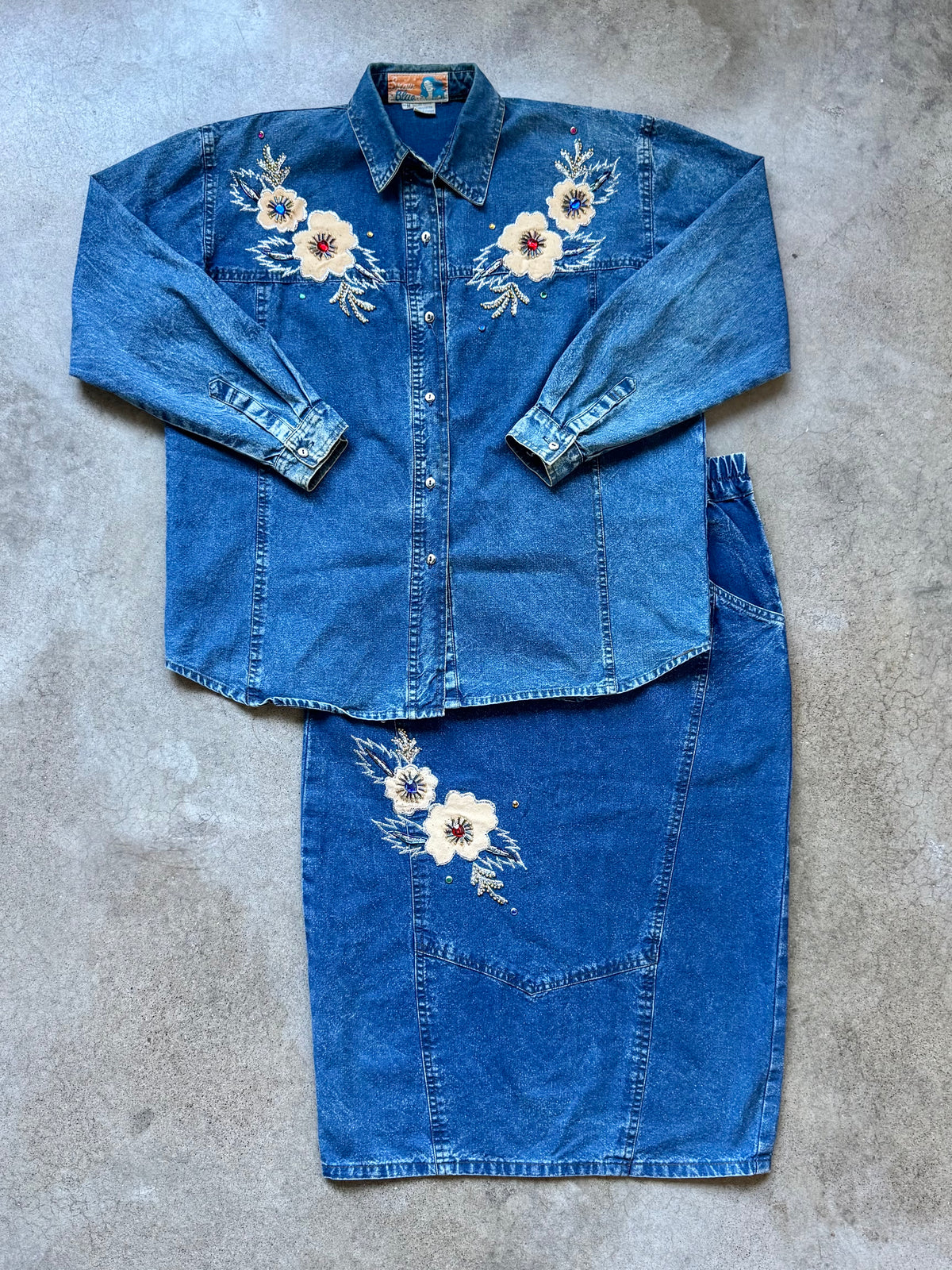 Vintage 1980s Snow Blue Floral Beaded Appliqué Denim Two-Piece Skirt Set | Medium