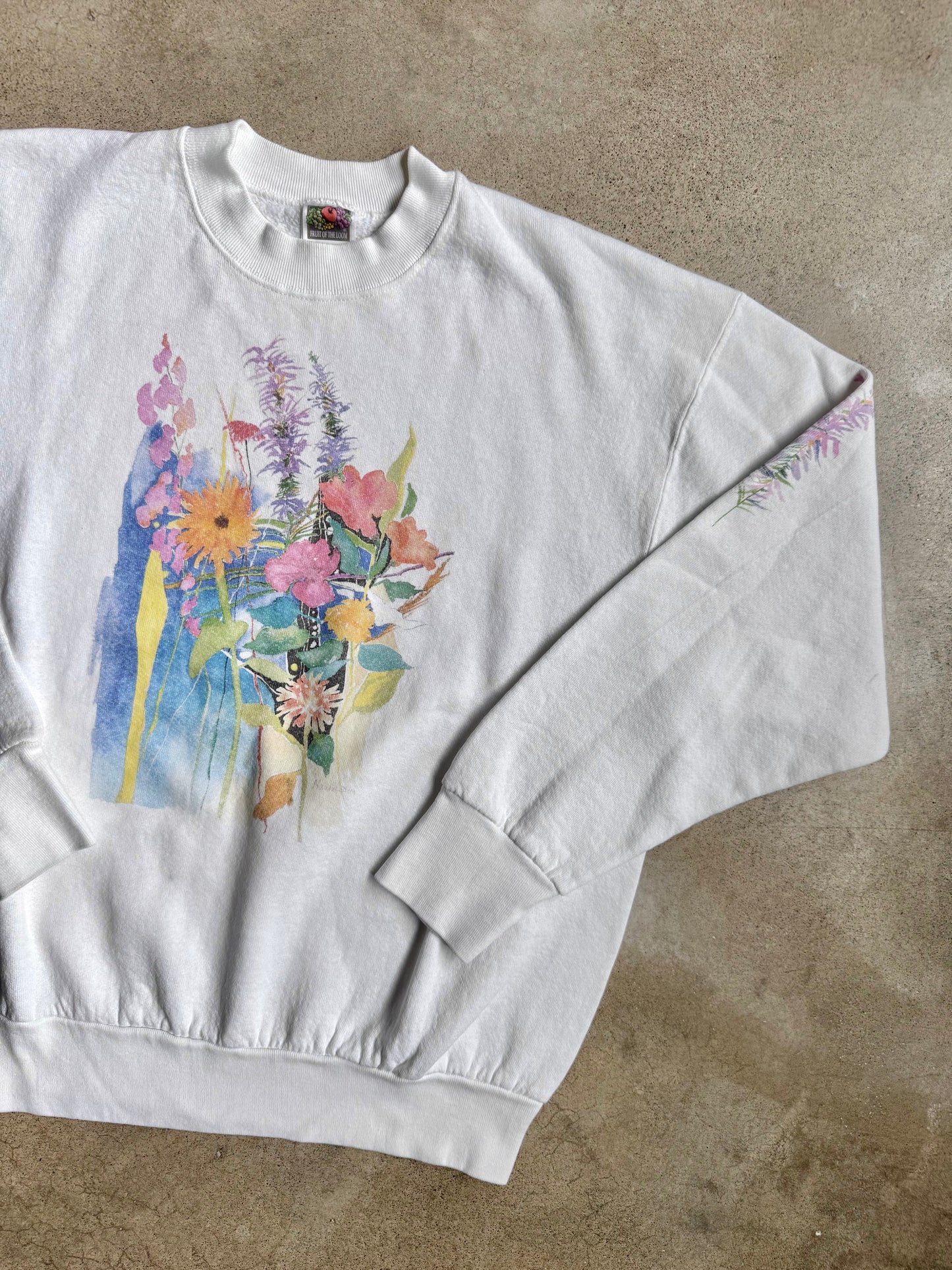 Vintage 1990s Marian Steen Watercolor Flowers Graphic Crewneck Sweatshirt | Large
