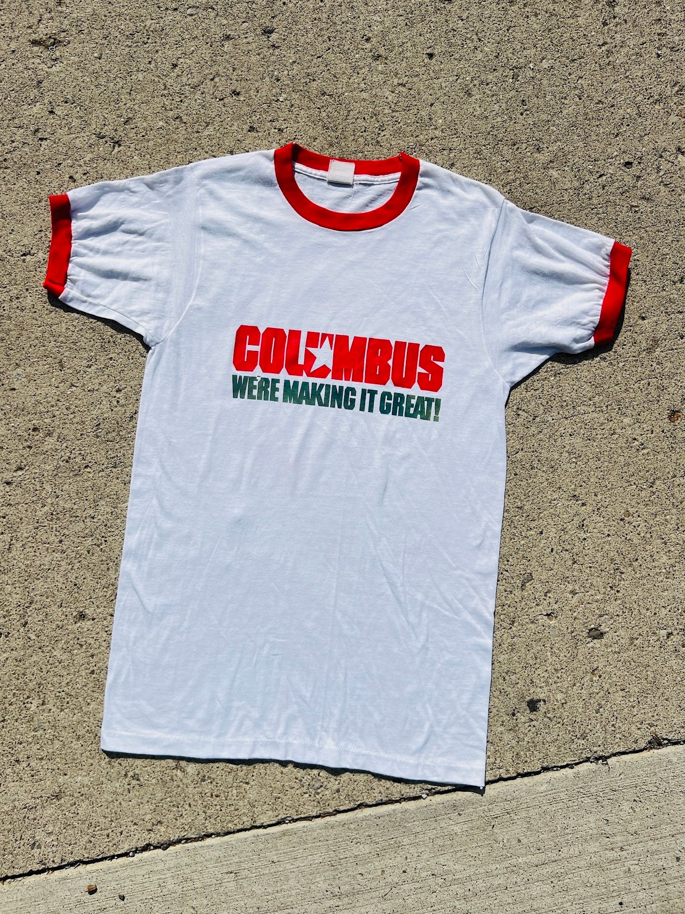 Vintage 1980s “Columbus We’re Making It Great!” Ringer Tee | Small