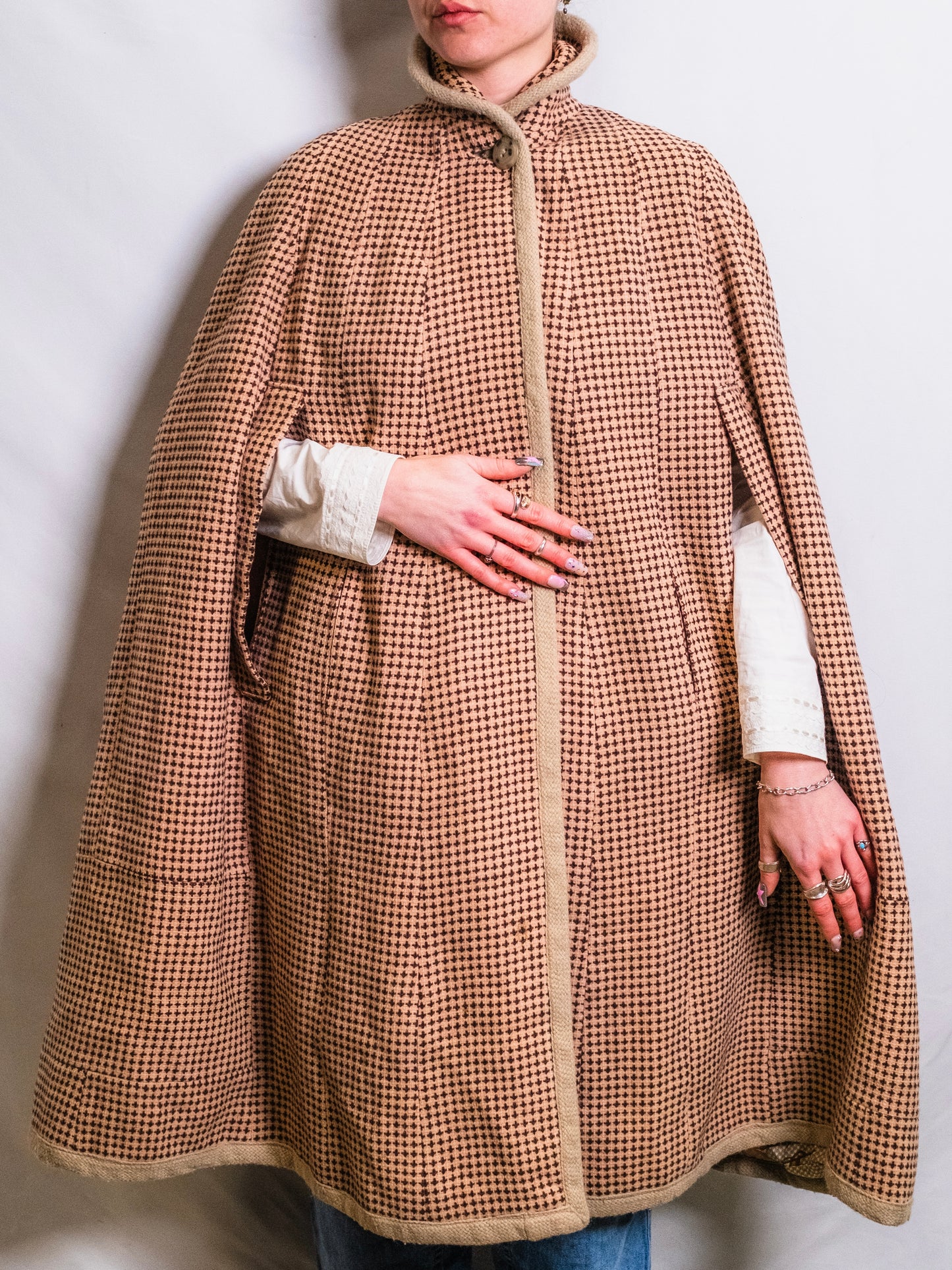 Vintage 1960s Handmade Wool Tweed High-Neck Cape