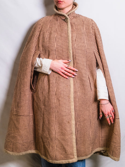 Vintage 1960s Handmade Wool Tweed High-Neck Cape