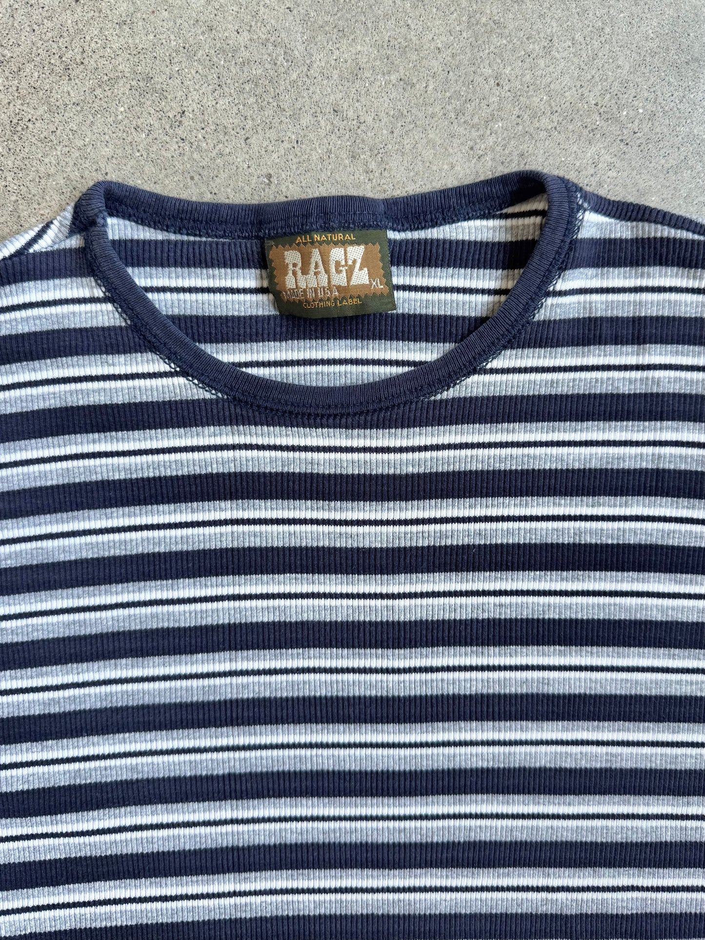 Vintage 1990s Ragz Navy Blue Striped Cotton Ribbed Tee | XL
