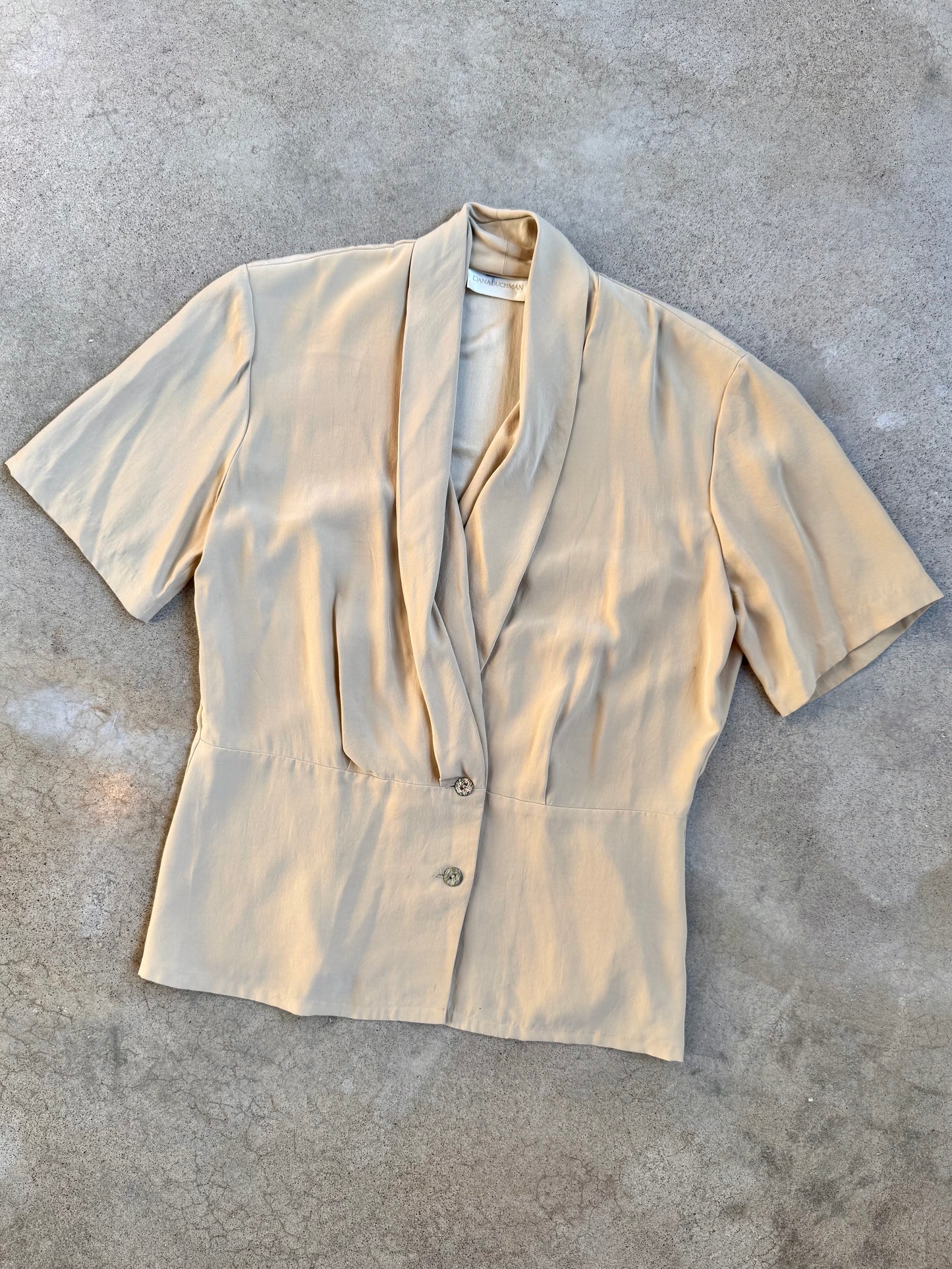 Vintage 1980s/90s Dana Buchman Beige Silk Draped V-Neck Blouse | Medium