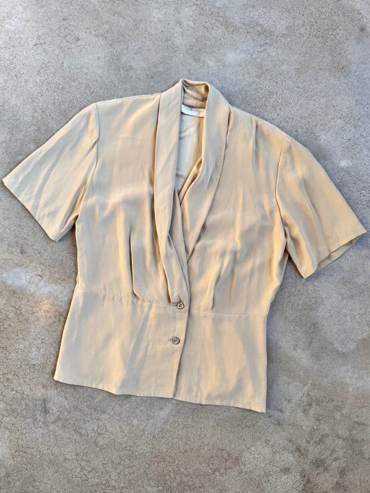 Vintage 1980s/90s Dana Buchman Beige Silk Draped V-Neck Blouse | Medium