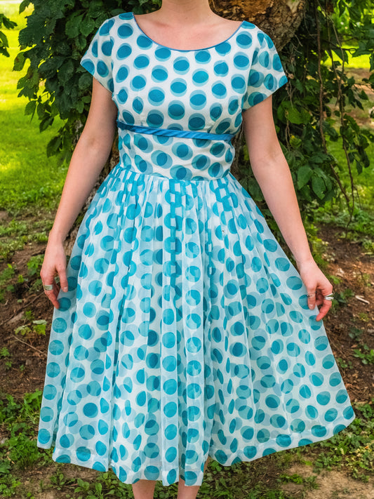 Vintage 1950s Teal Polka Dot Short Sleeve Fit & Flare Swing Dress | Medium
