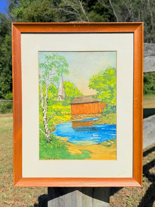 Vintage 1970s Framed & Signed Rustic River Watercolor Artwork