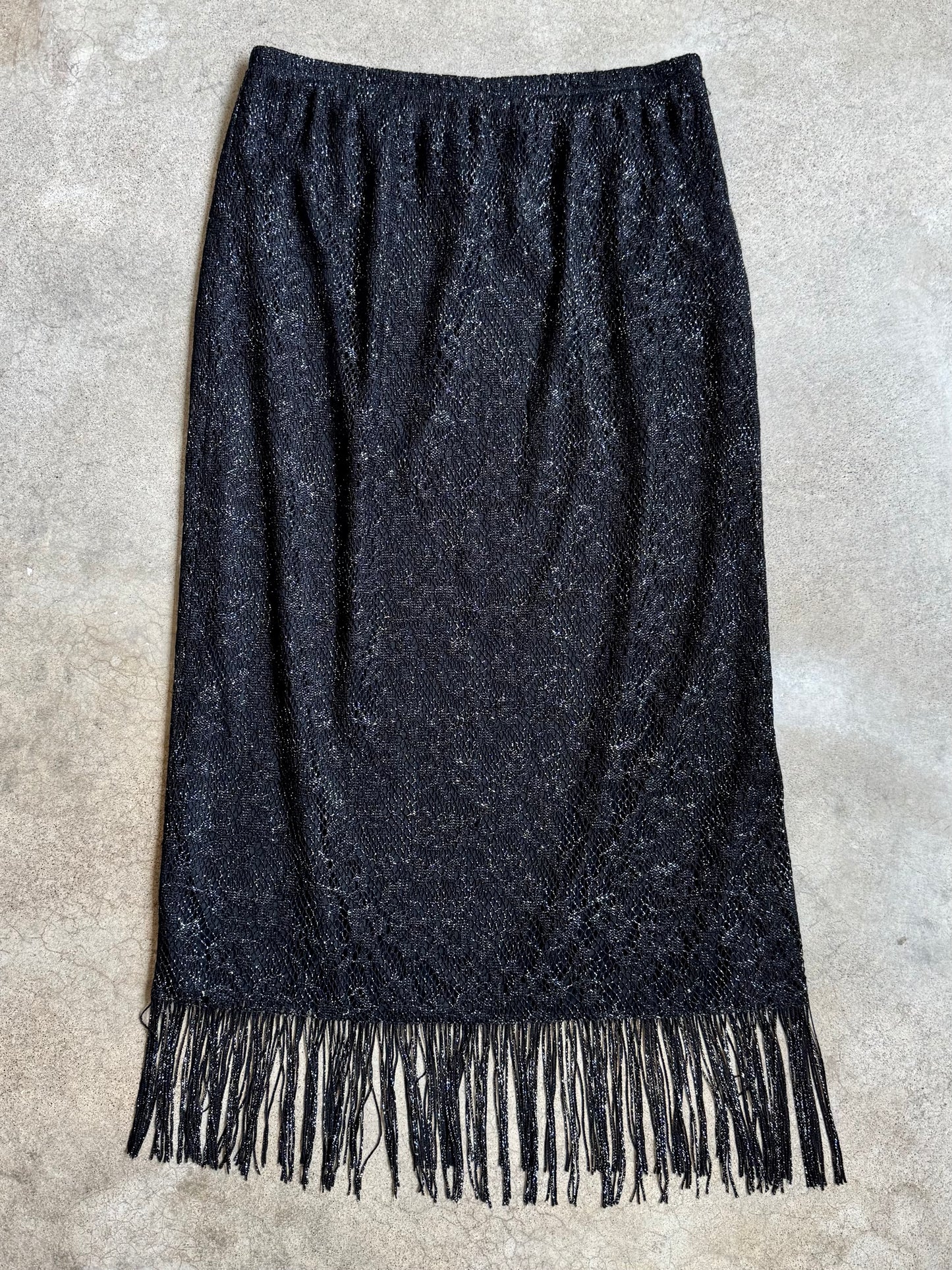 Vintage Ashley Stewart Black & Silver Metallic Crochet Fringe Maxi Skirt | L/XL