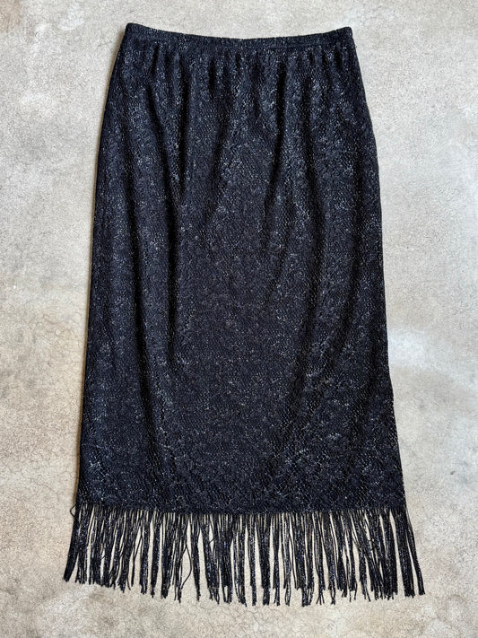 Vintage Ashley Stewart Black & Silver Metallic Crochet Fringe Maxi Skirt | L/XL