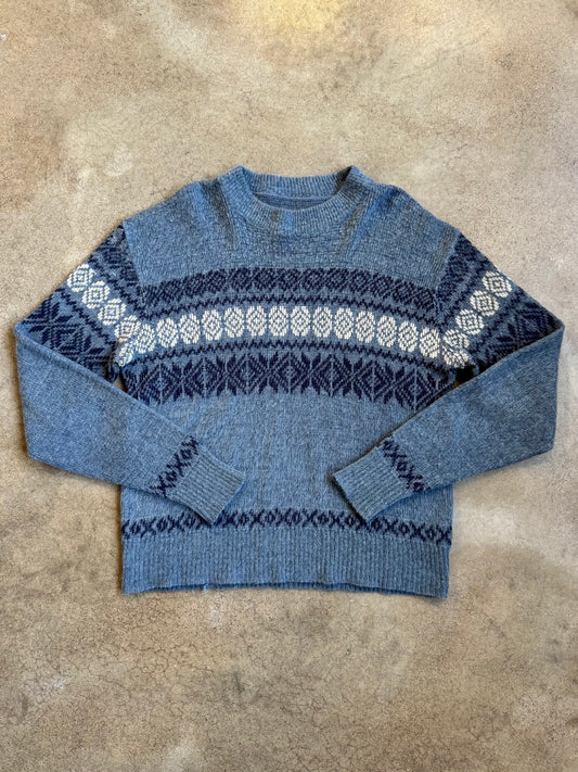 Vintage 1960s Blue Nordic Fair Isle Wool-Blend Sweater | Large