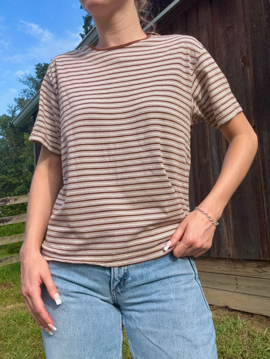 Vintage 1990s Brown-Tone Striped Crewneck Short Sleeve Tee | Large