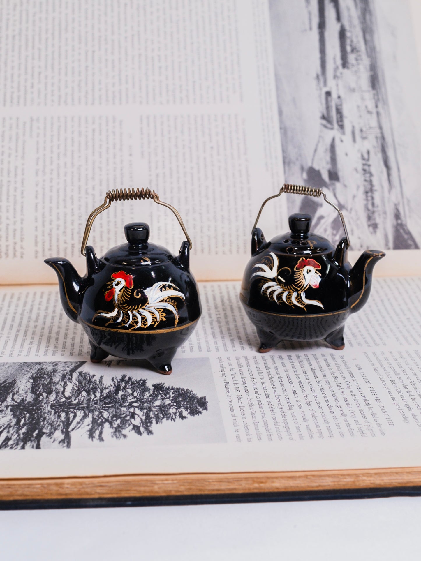 Vintage 1950s Ceramic Japanese Hand-Painted Tea Kettle Salt & Pepper Shaker Set