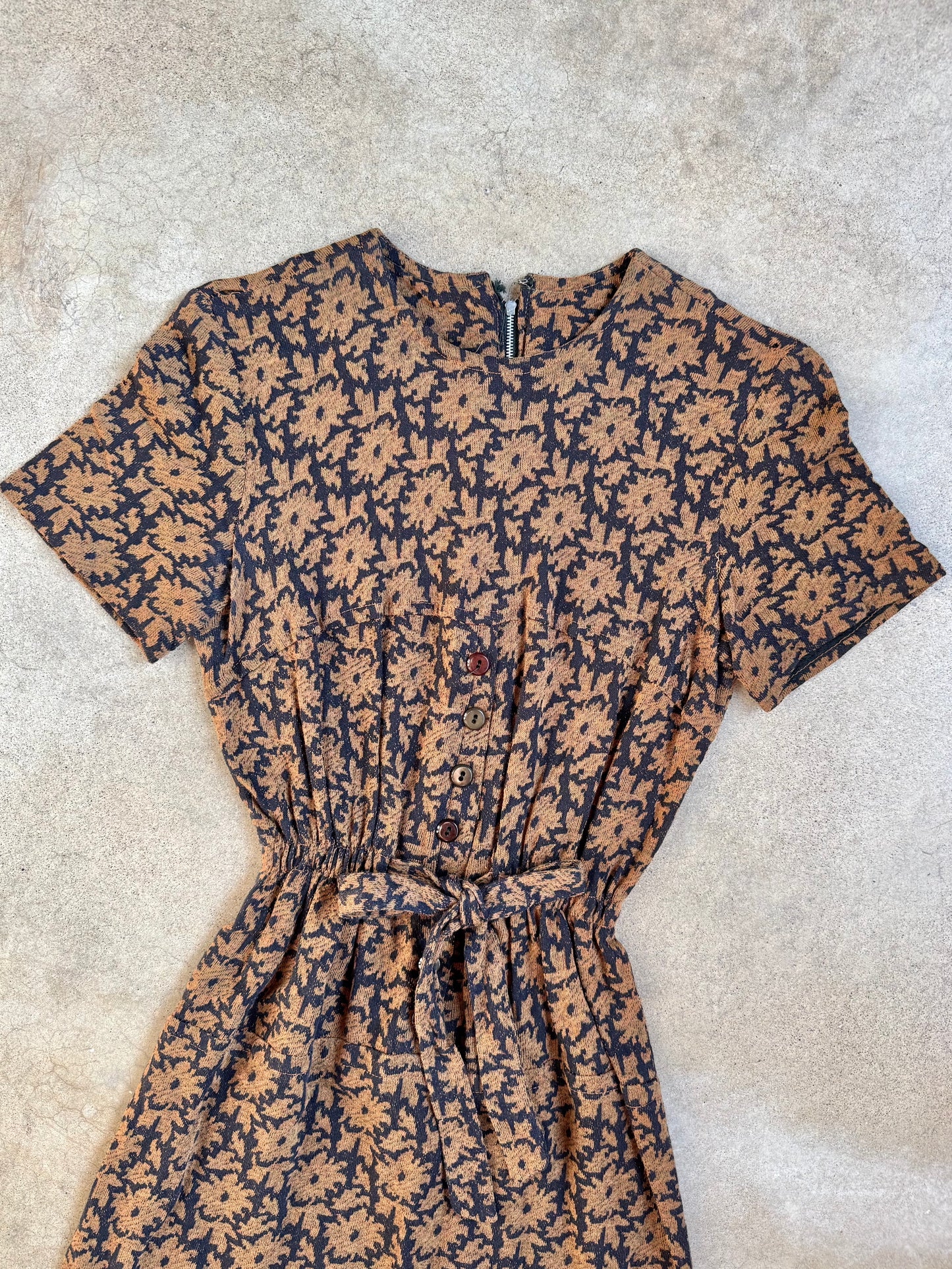Vintage 1940s Black & Brown Floral Pattern Short Sleeve Tie-Waist Dress | XS