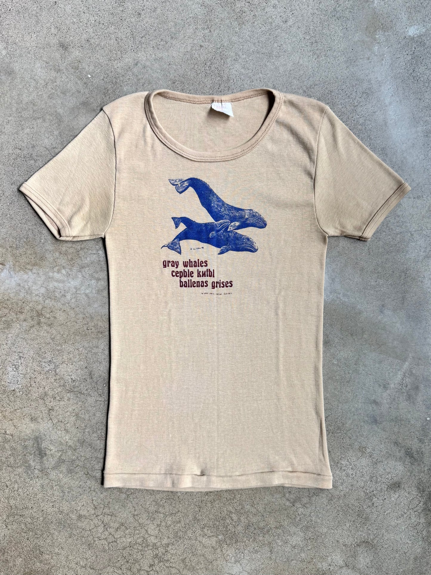 Vintage 1970s Lady-T by Stedman Tan "Gray Whales" Fitted Graphic Tee | Large