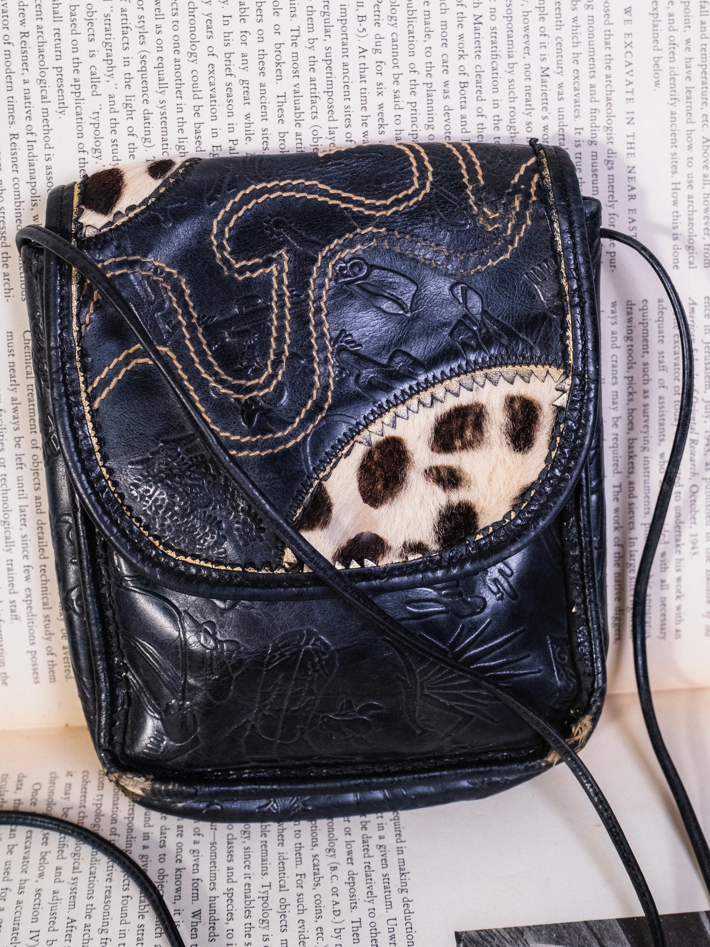 Vintage 1990s Carlos Falchi Embossed Leather Patchwork Mini Crossbody Bag