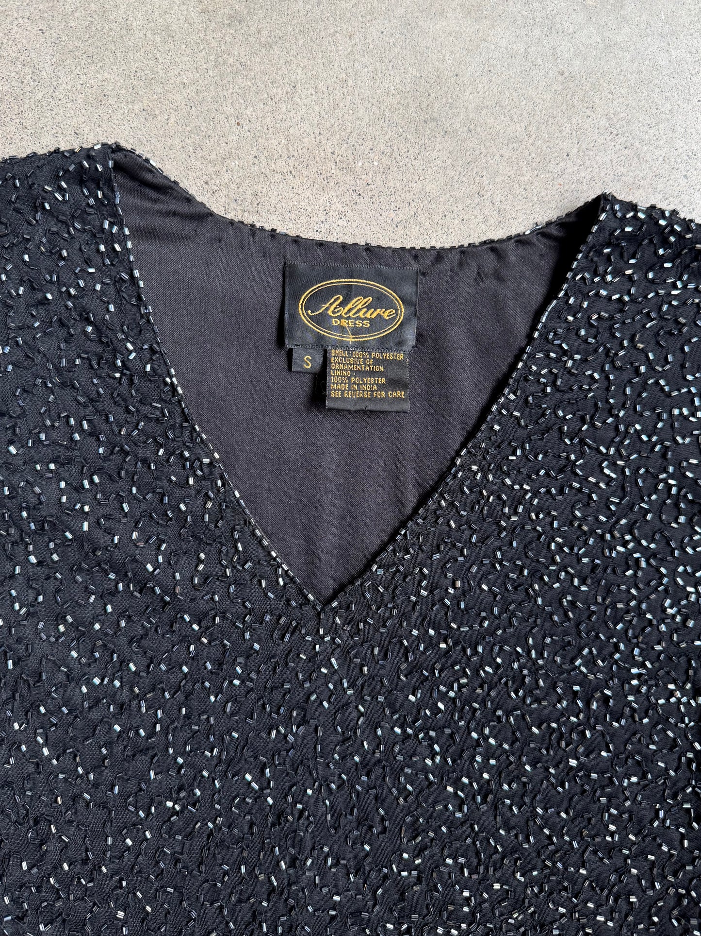 Vintage 1990s Allure Black Beaded V-Neck Top | Small