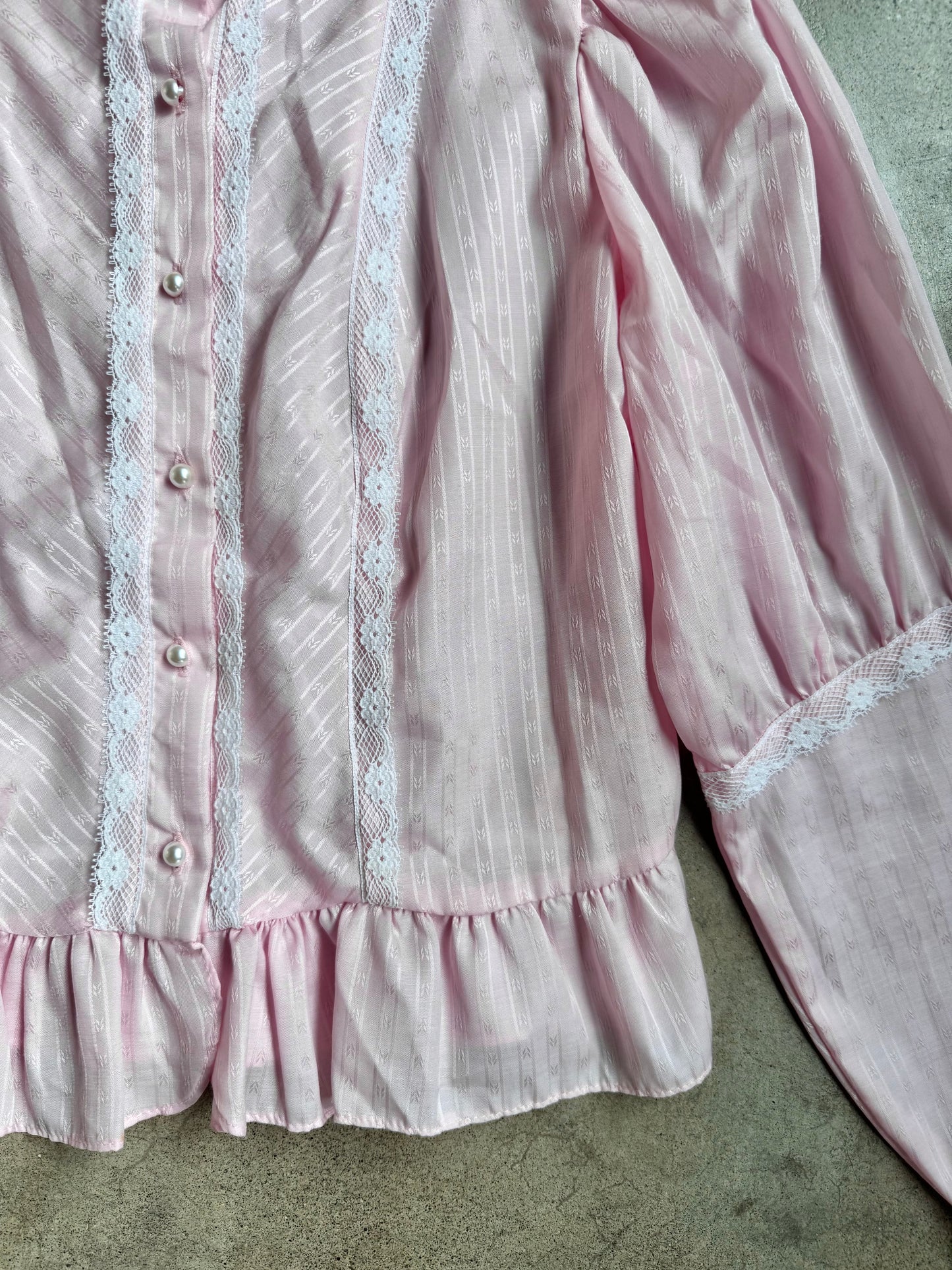 Vintage 1970s Topson Downs California Pink Lace Trim Ruffle Blouse | Large