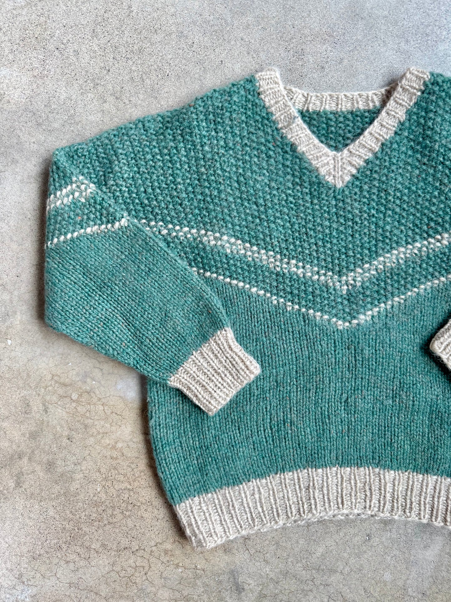 Vintage 1960s Handmade Teal & Grey V-Neck Sweater | Medium
