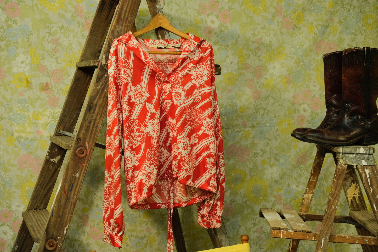 Vintage 1970s Andrew St. John Red Floral Polyester Disco Shirt