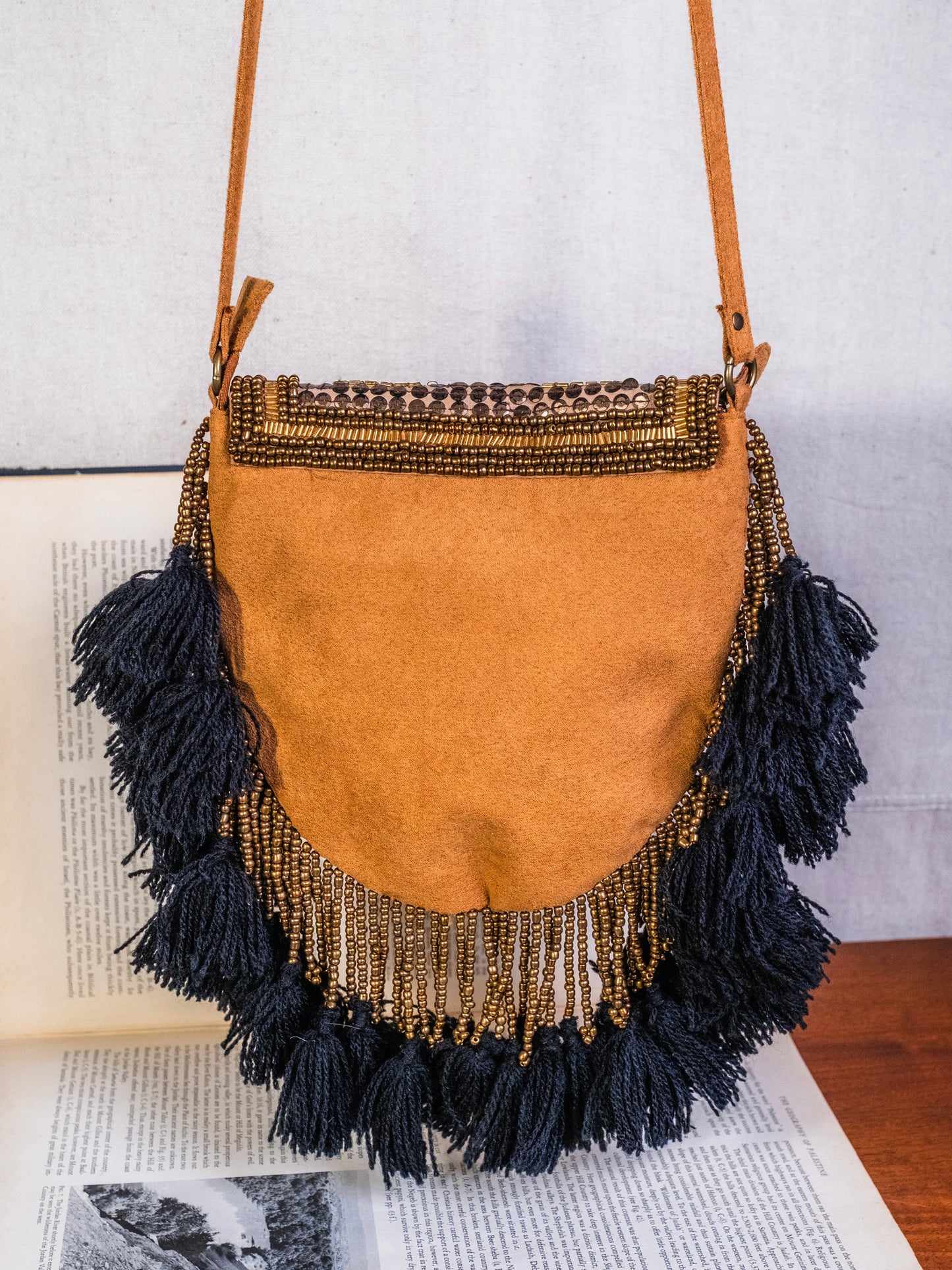 Vintage Bohemian Beaded Tassel Fringe Suede Crossbody Bag