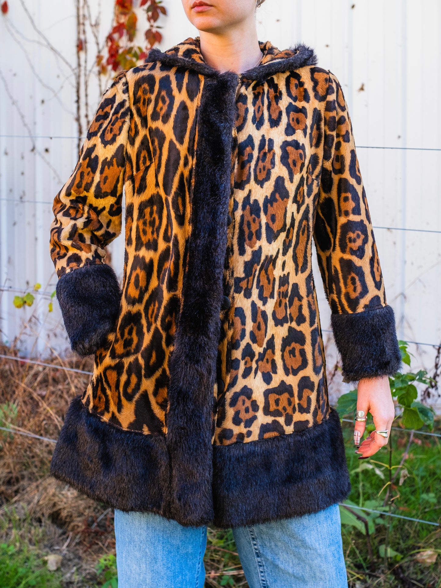 Vintage 1960s Mary Lane Faux Fur Cheetah Print Black Trim Hooded Jacket | Small
