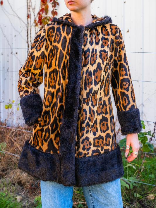Vintage 1960s Mary Lane Faux Fur Cheetah Print Black Trim Hooded Jacket | Small
